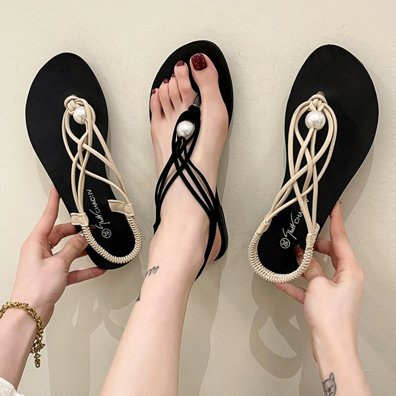 Summer 2024 Boho Pearl Strap Flat Sandals 
