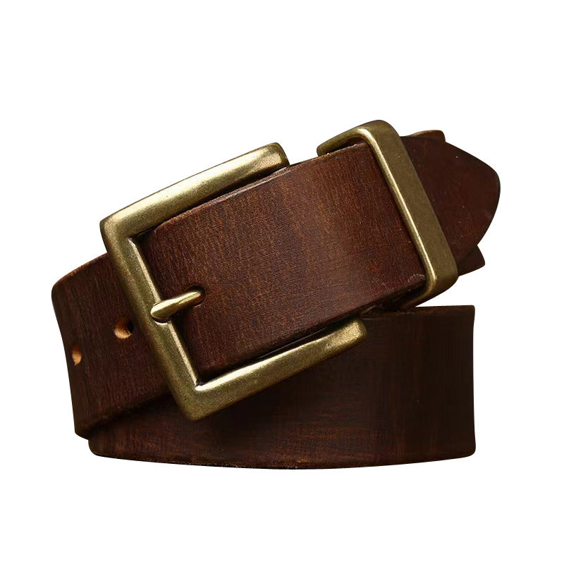 Retro Style Belt Men's Genuine Cattlehide Leather Surface Brass Buckle Denim Overalls Belt 