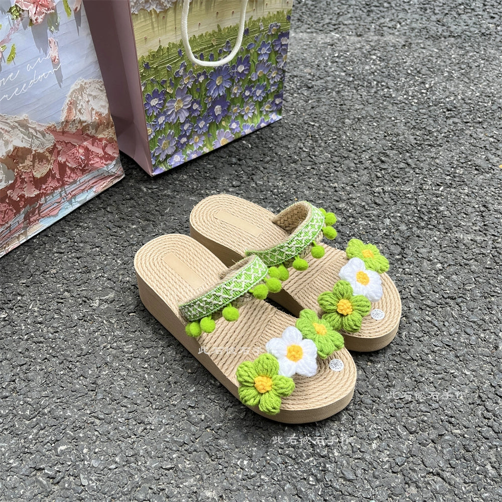 Summer 2024 Boho Platform Wedge Sandals with Flower Fur Ball 