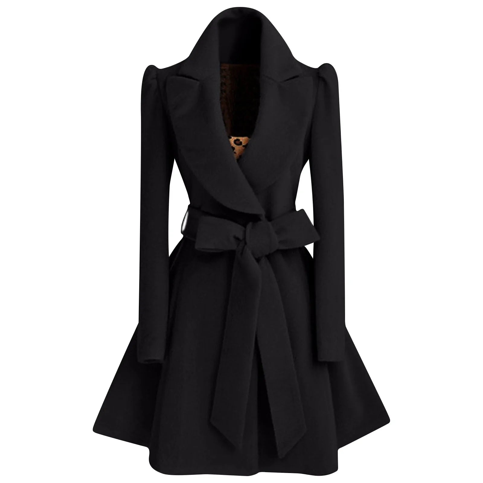 Women's Woolen Coats with Turn Down Collar and Belt 