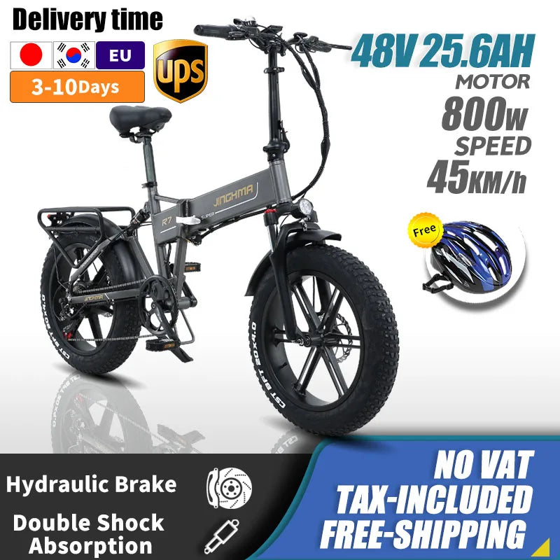 800W Folding Fat Tire Electric Bicycle - 48V12.8Ah Lithium Battery