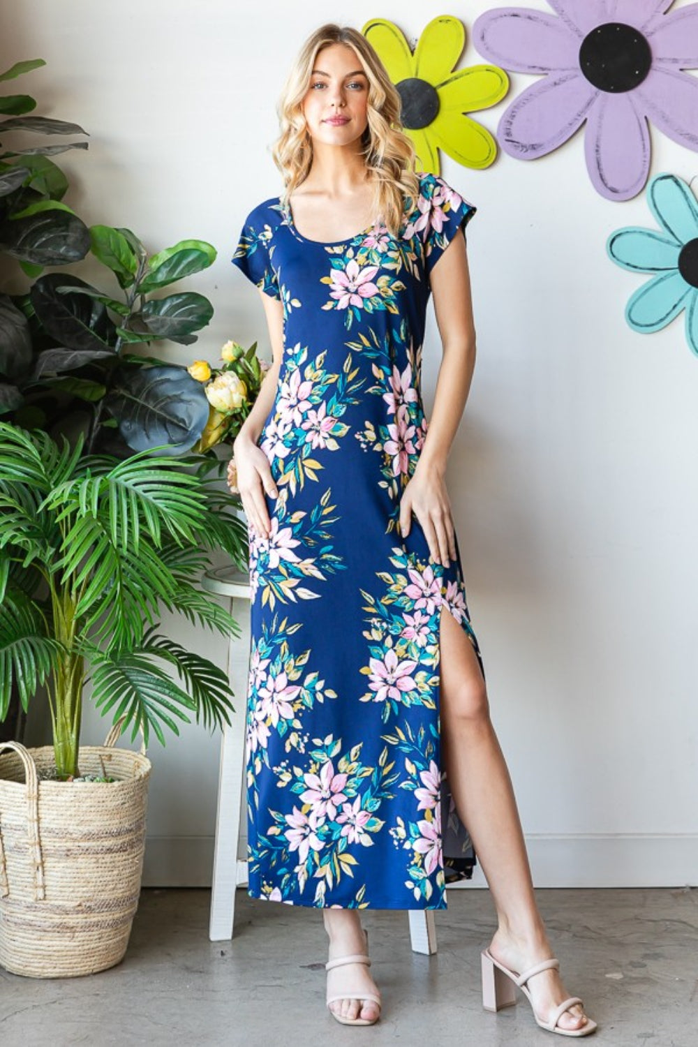Heimish Full Size Floral Short Sleeve Slit Dress - Babbazon Boho Dress