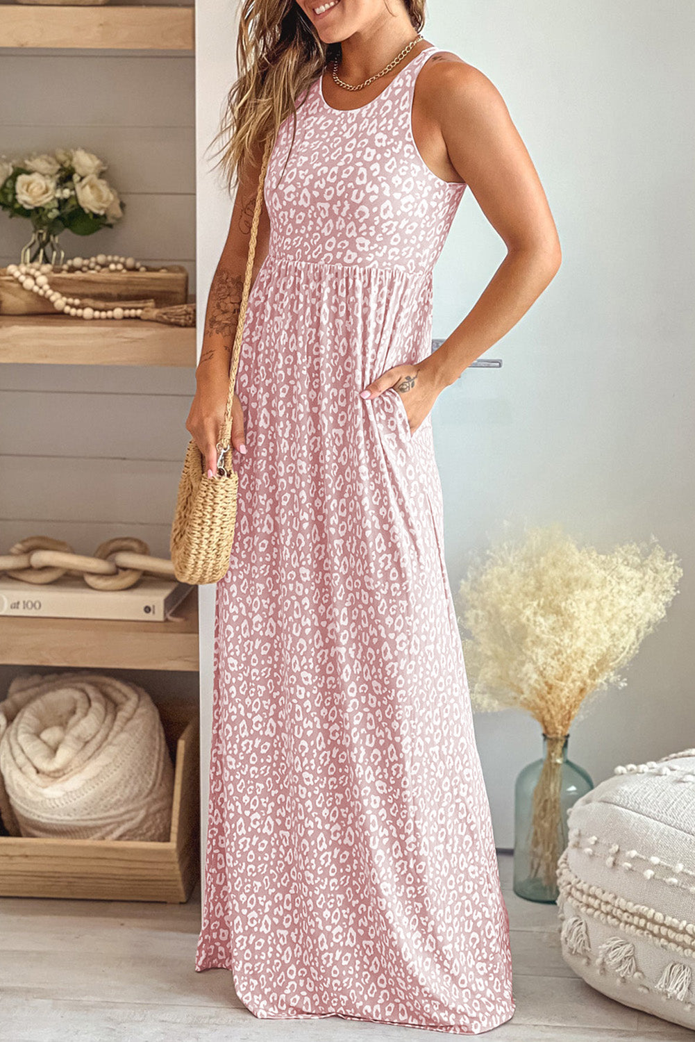 Pink Sleeveless Floor Length Leopard Print Dress with Pockets - Babbazon Maxi Dresses
