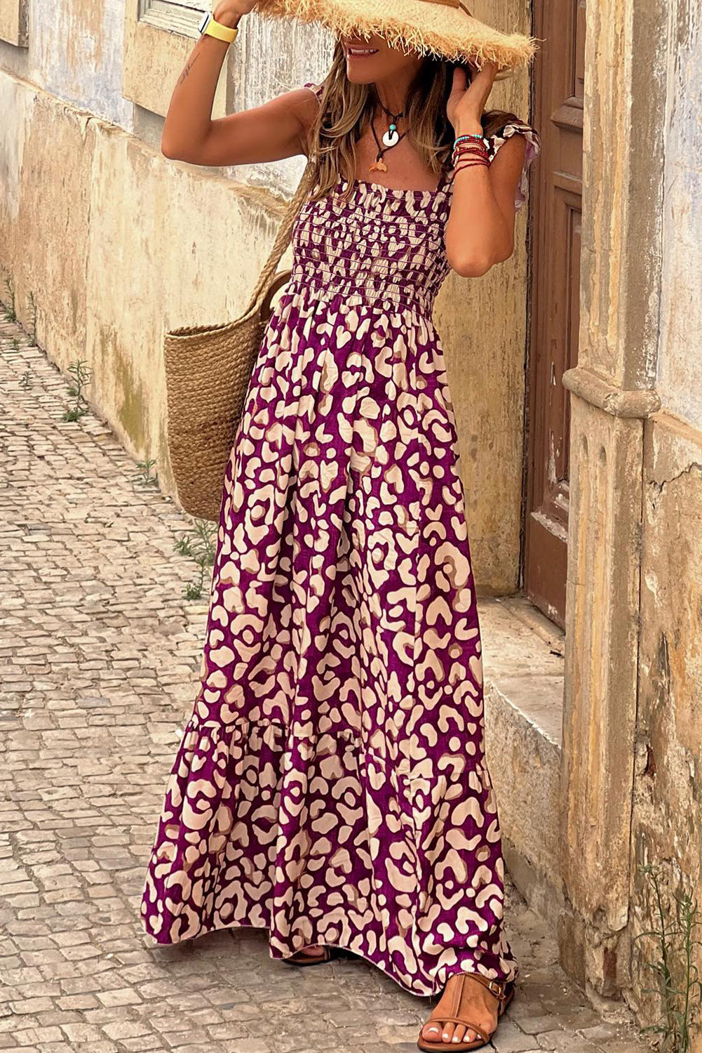 Rose Leopard Ruffle Straps Smocked High Waist Maxi Dress - Babbazon Maxi Dresses