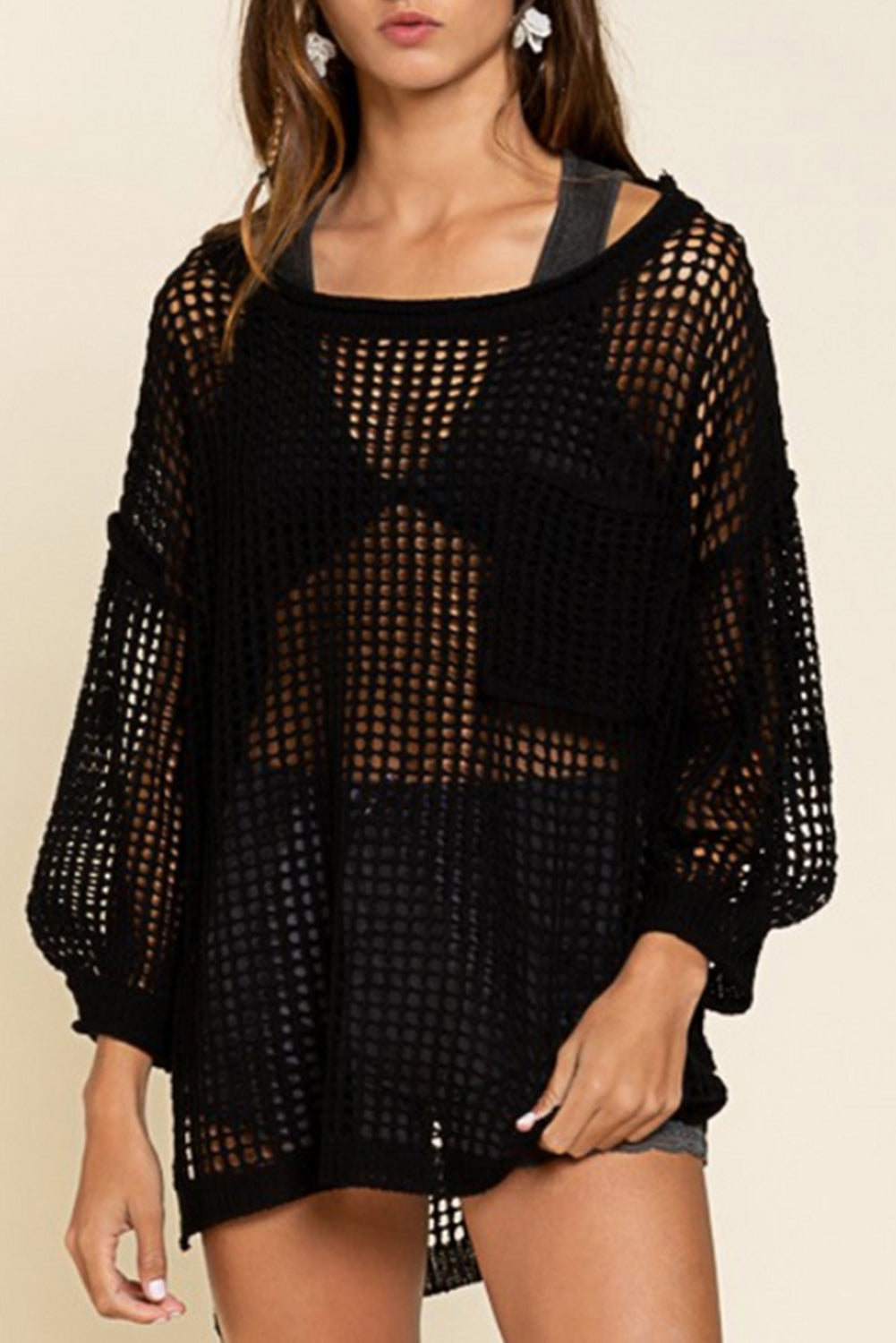 Black Fishnet Hollow-out Long Sleeve Beach Cover up - Babbazon Cover-ups