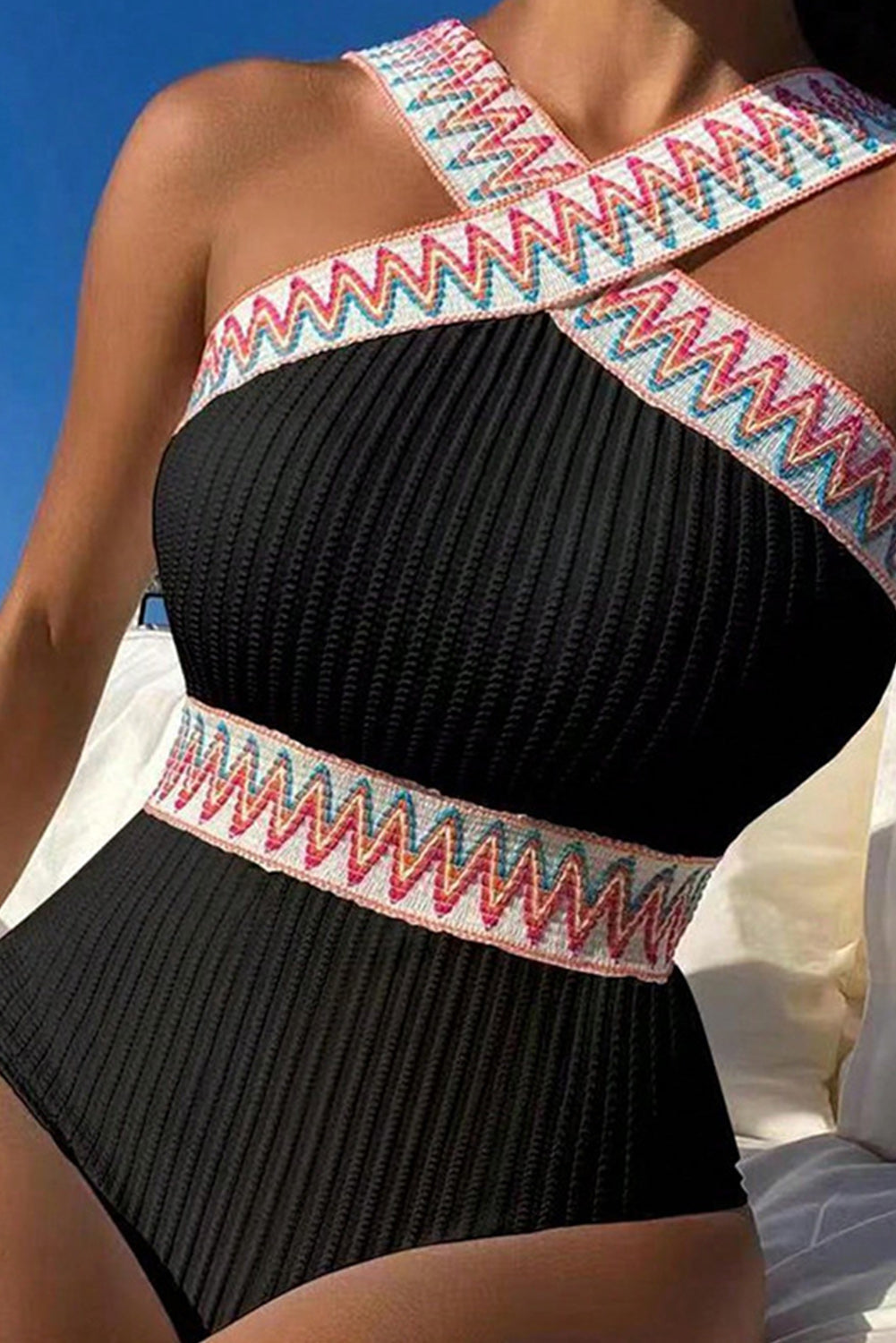 Black Contrast Trim Cross Straps Textured One-Piece Swimsuit - Babbazon One-Piece