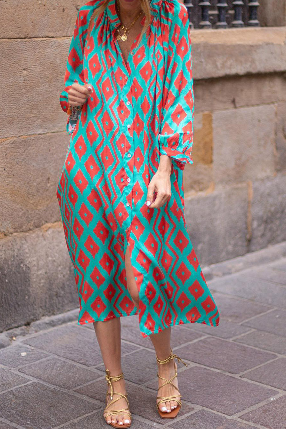Sky Blue Geometric Print Split Neck Loose Shirt Dress - Babbazon Maxi Dresses