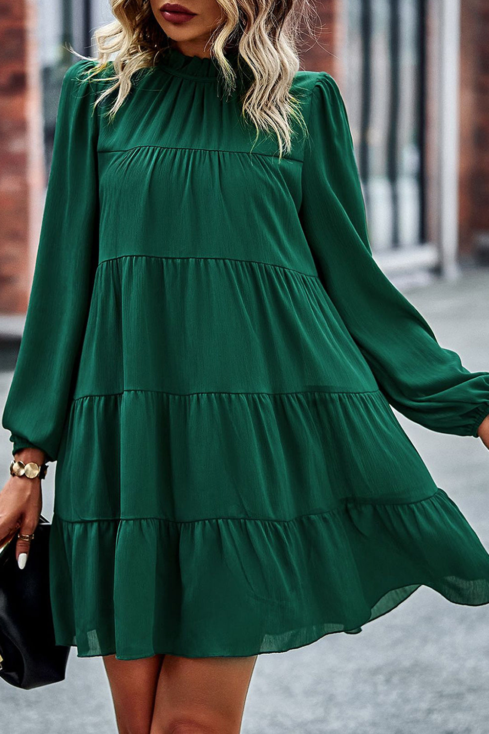 Green Mock Neck Solid Color Pleated Mini Dress - Babbazon Short Dresses