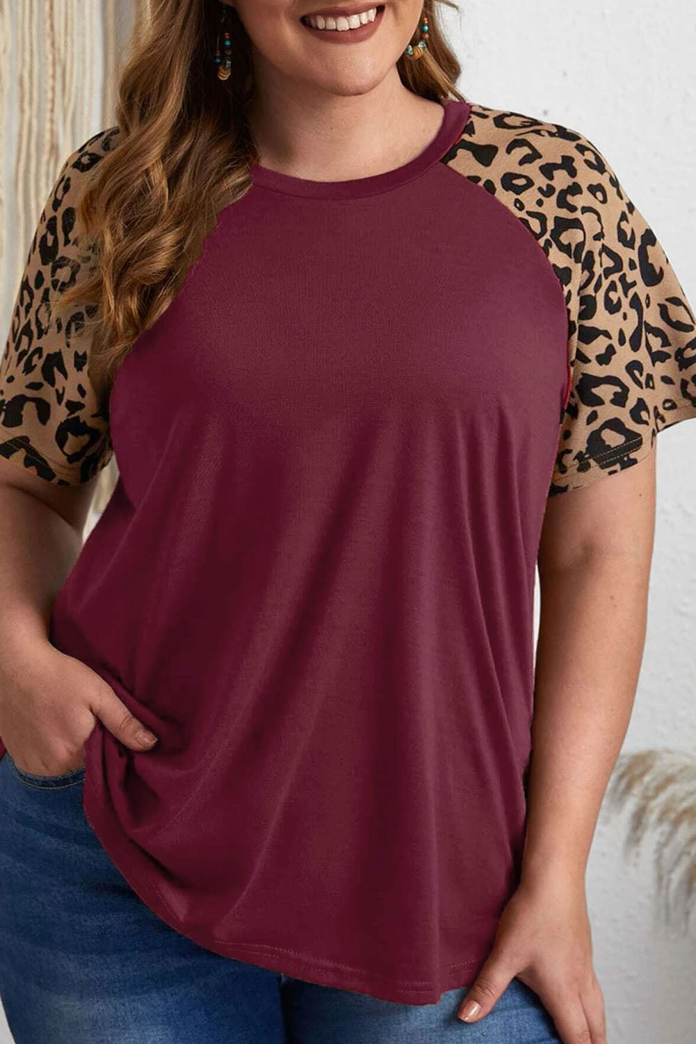 Burgundy Contrast Leopard Raglan Sleeve Plus Size T-shirt - Babbazon Plus Size Tops