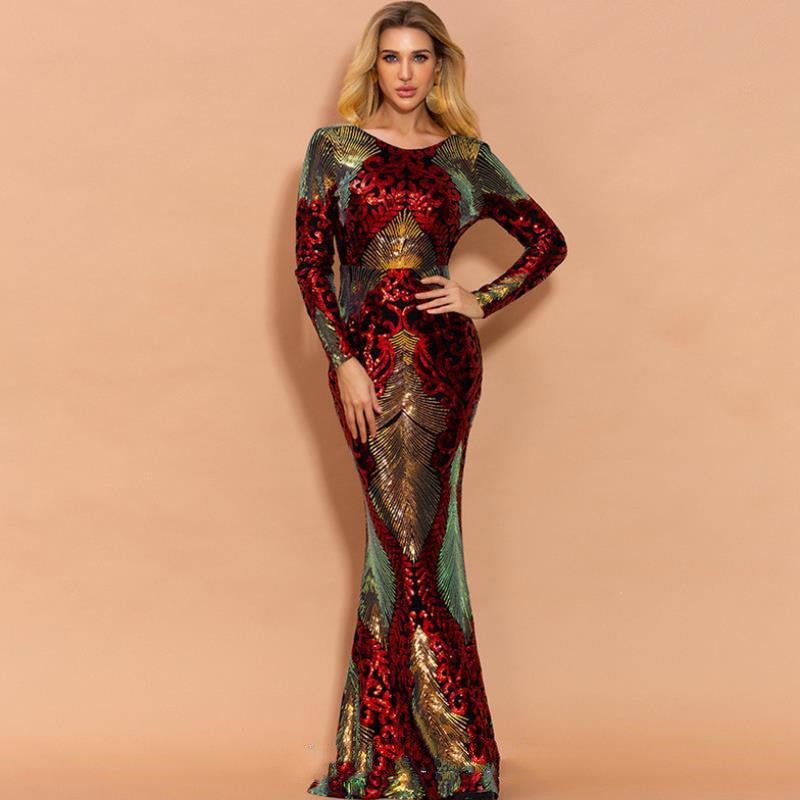 Long Sleeve Backless Sequin Dresses Female Maxi Multi Dress