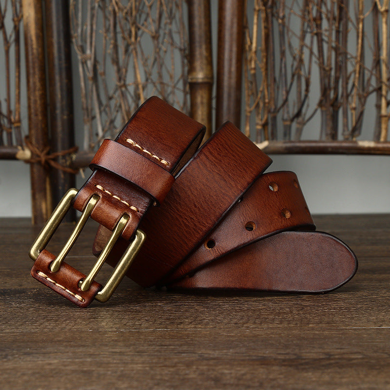 Men's First Layer Cowhide Vintage Brass Buckle Belt 