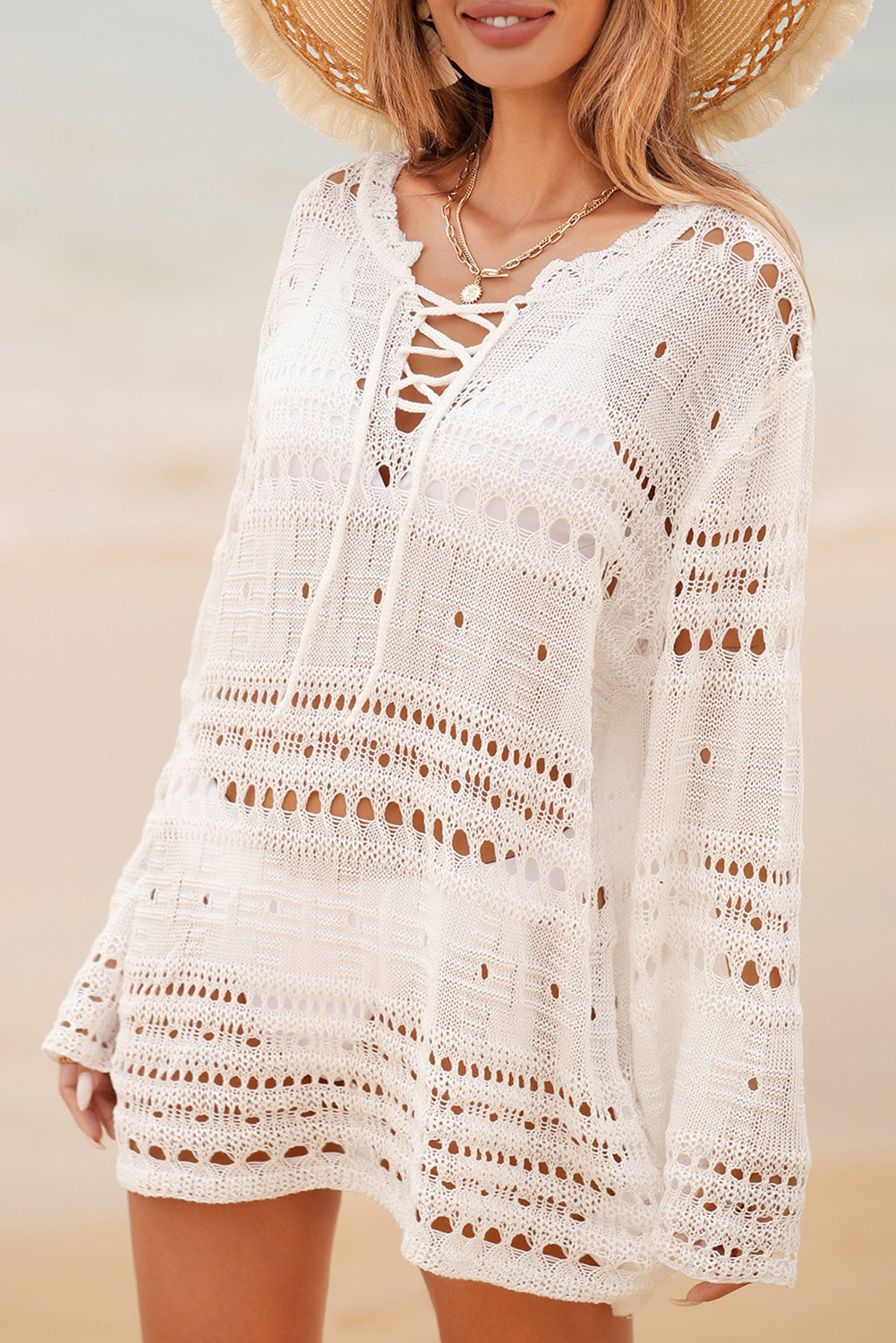 White Lace Up V Neck Hollow Out Knitted Long Sleeve Cover Up - Babbazon Cover-ups