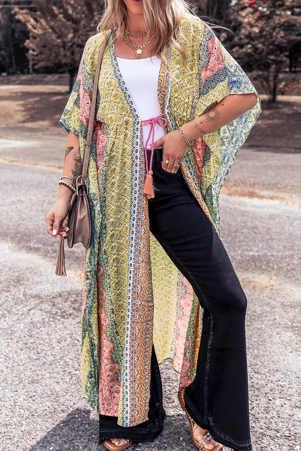 Pink Boho Print Tassel Tie Duster Cover Up - Babbazon Cover-ups