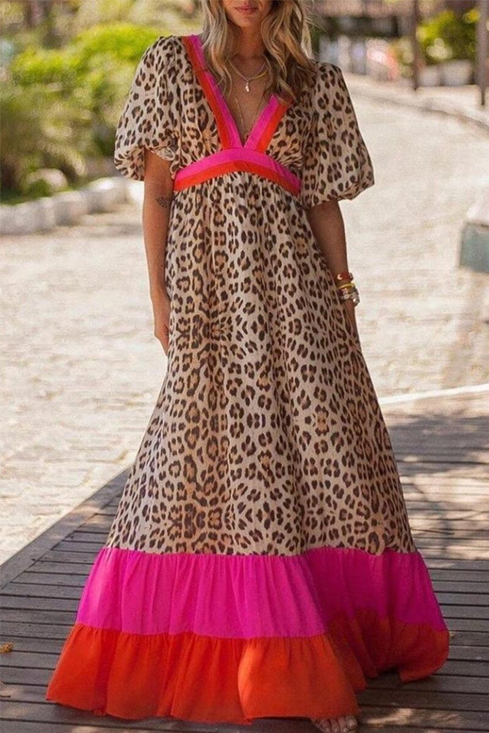 Bright Pink V-neck Leopard Print Colorblock Maxi Dress - Babbazon Maxi Dresses
