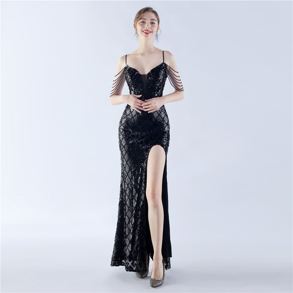Fishbone Waist-tight Ratchet Tie Down Magic Color Sequin Craft Beaded High-end Evening Dress