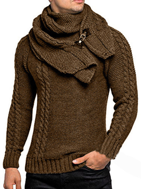 Men's fashionable scarf pullover solid color twist knitted sweater top 