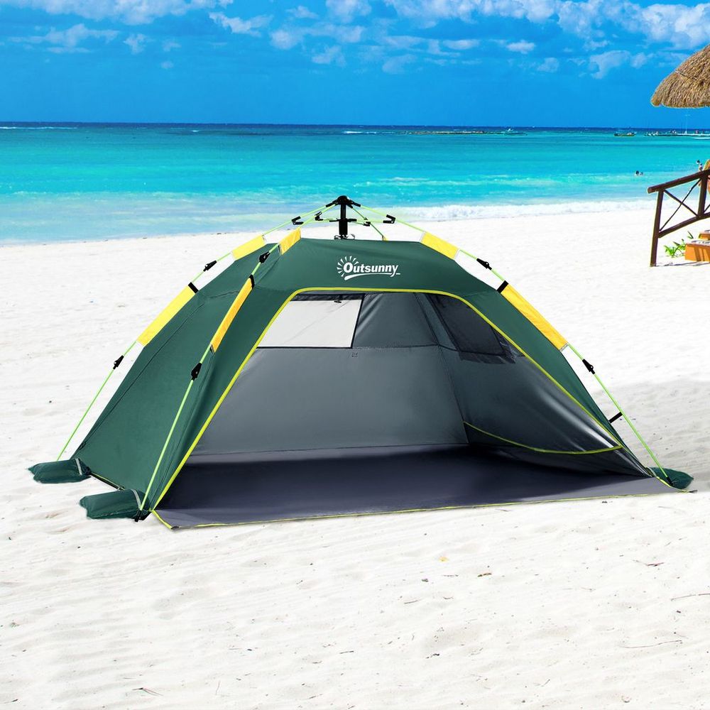 Outsunny 2 Man Pop-up Beach Tent Sun Shade Shelter Hut w/ Windows Door Green