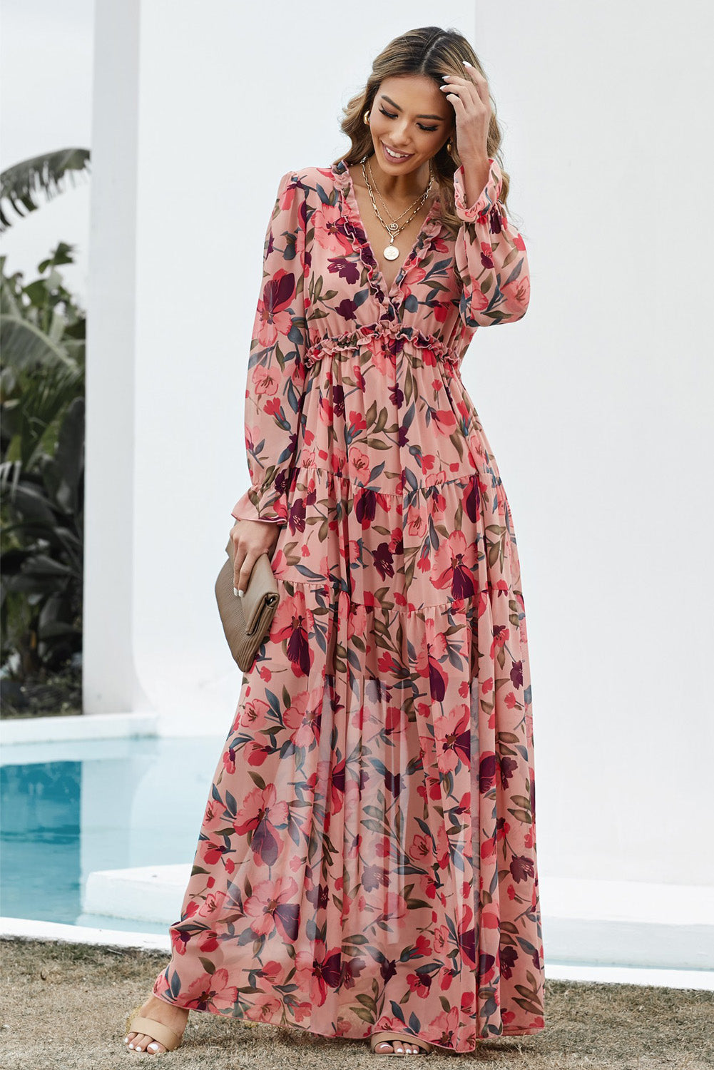 Floral Frill Trim Flounce Sleeve Plunge Maxi Dress - Babbazon Dress