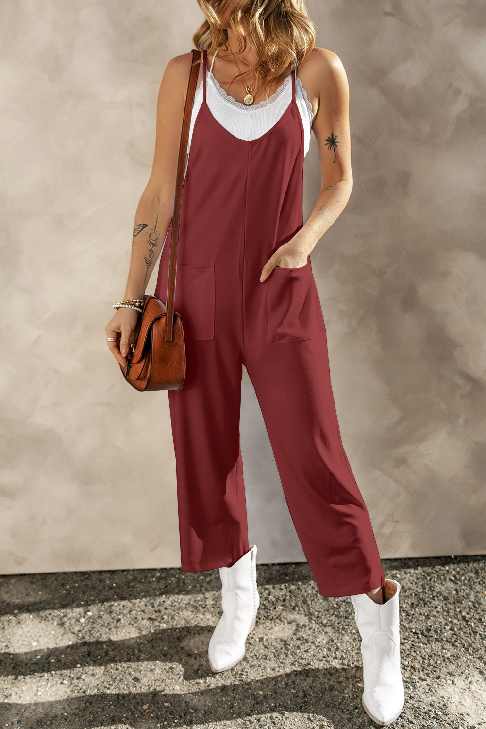 Pocketed Spaghetti Strap Wide Leg Jumpsuit - Babbazon Rompers