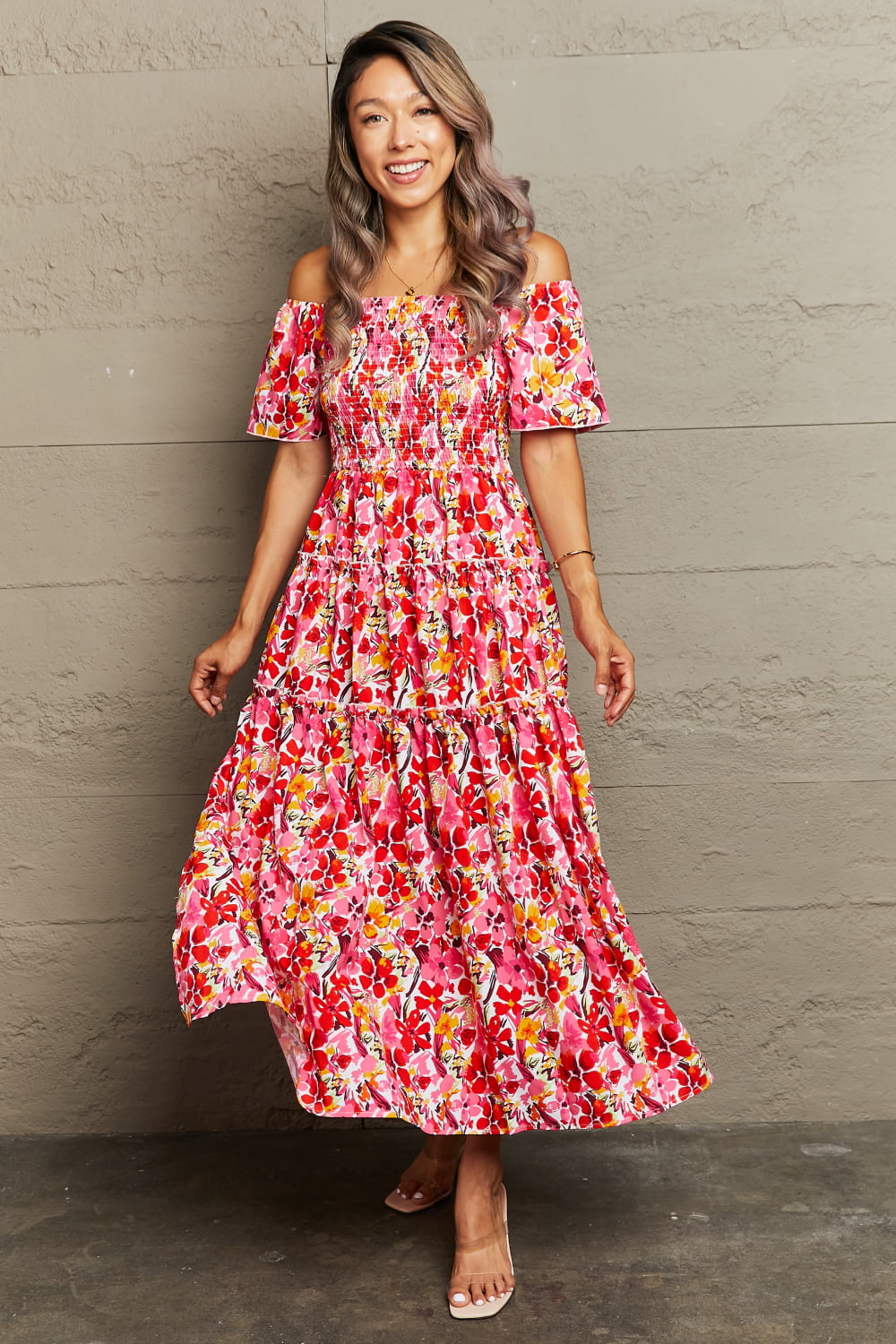 Floral Off-Shoulder Frill Trim Maxi Dress - Babbazon Maxi Dress