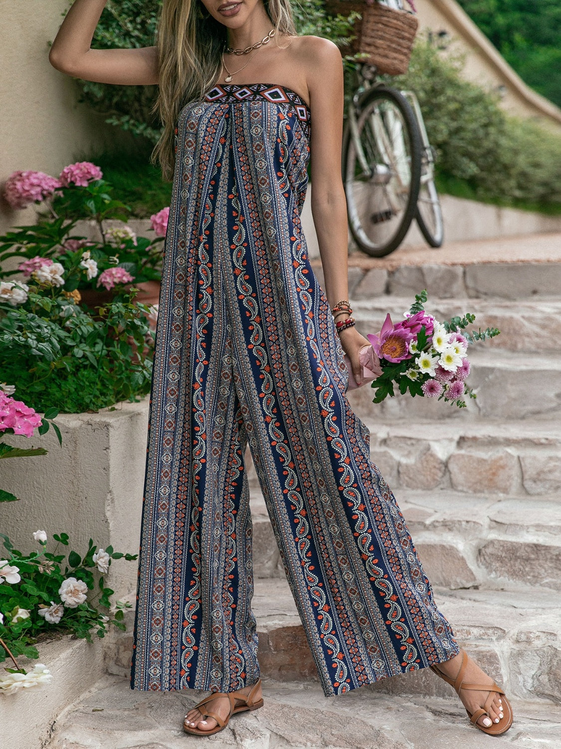 Tied Printed Tube Wide Leg Jumpsuit - Babbazon Rompers