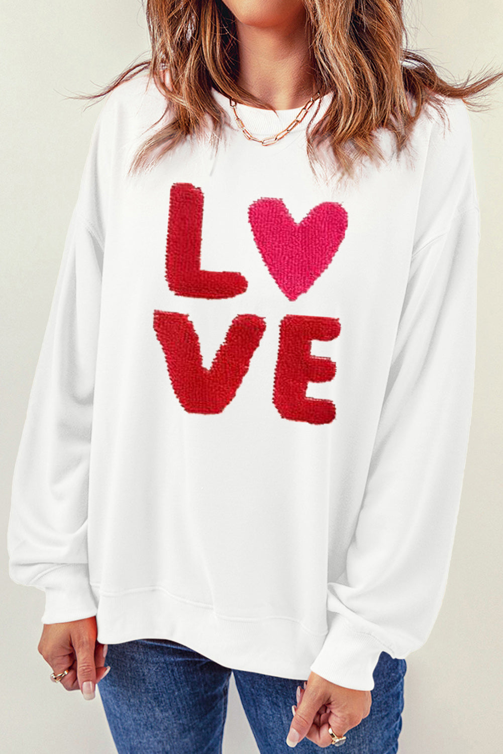 LOVE Embroidered Round Neck Dropped Shoulder Sweatshirt 