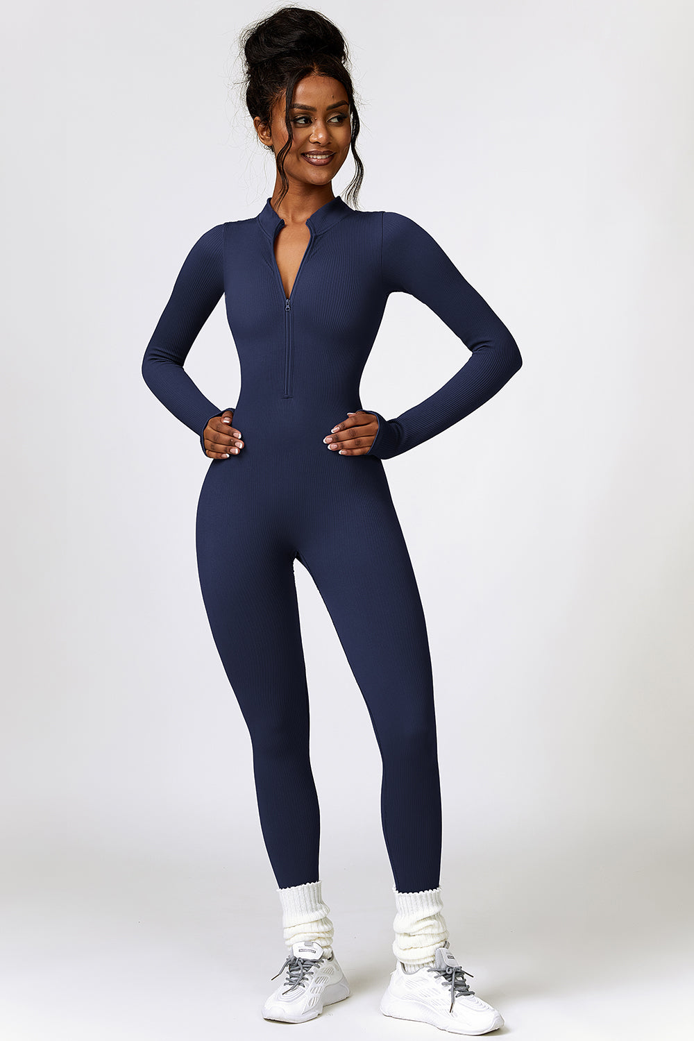Half Zip Long Sleeve Active Jumpsuit - Babbazon jumpsuit