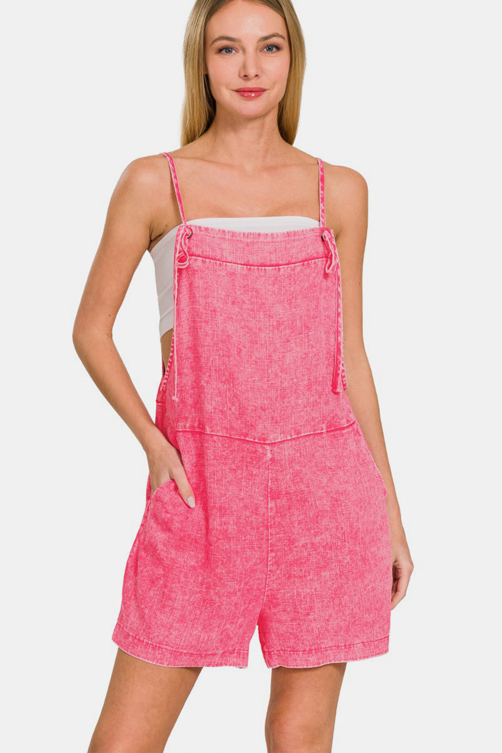 Zenana Washed Linen Knot Strap Rompers - Babbazon Rompers