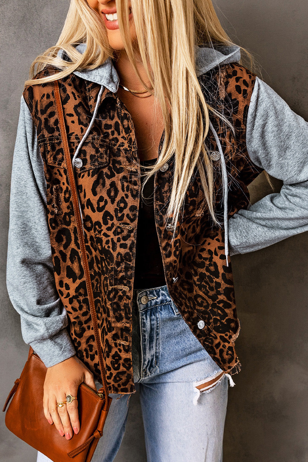 Leopard Distressed Drawstring Hooded Denim Jacket - Babbazon Jacket