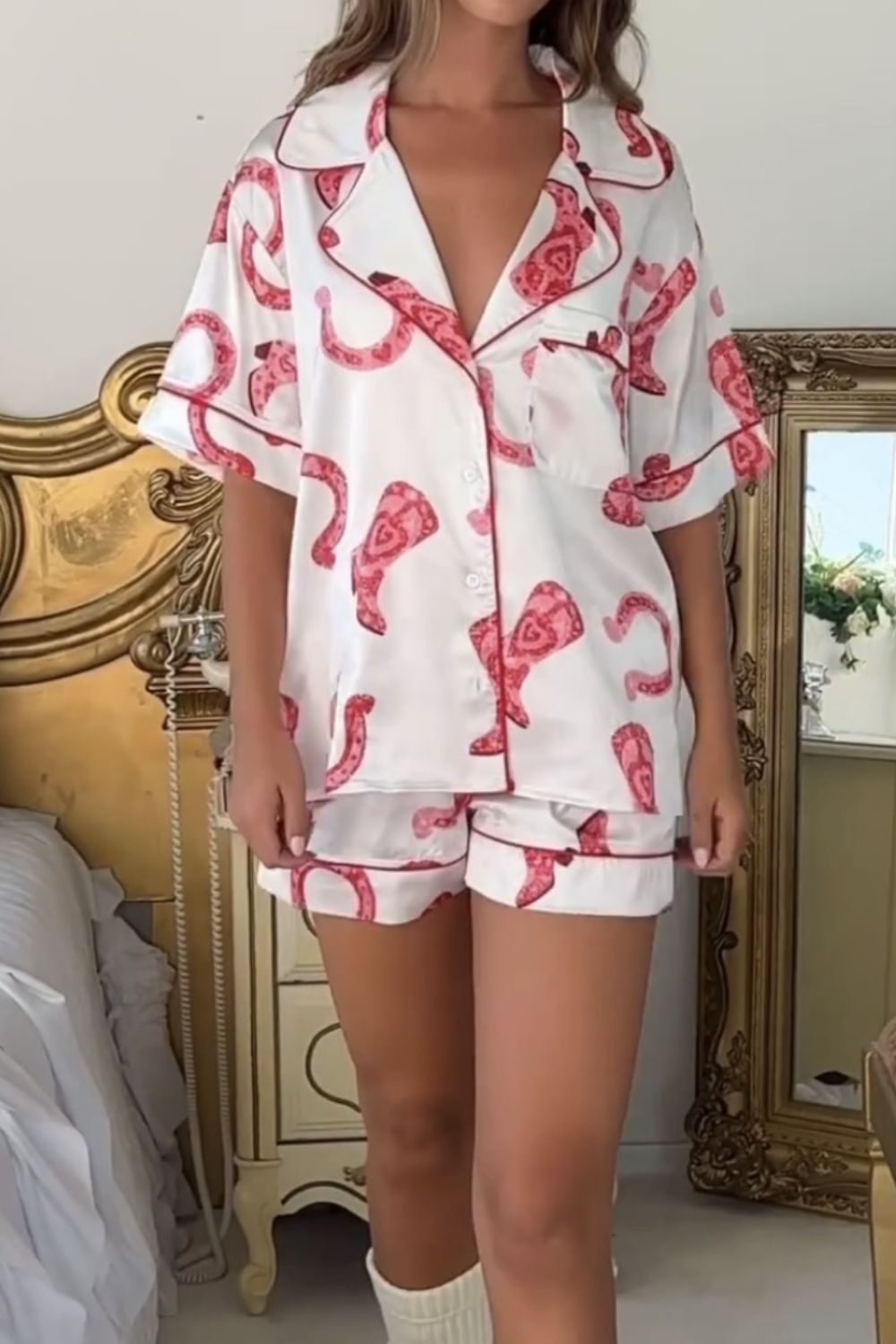 Printed Button Up Top and Shorts Lounge Set - Babbazon