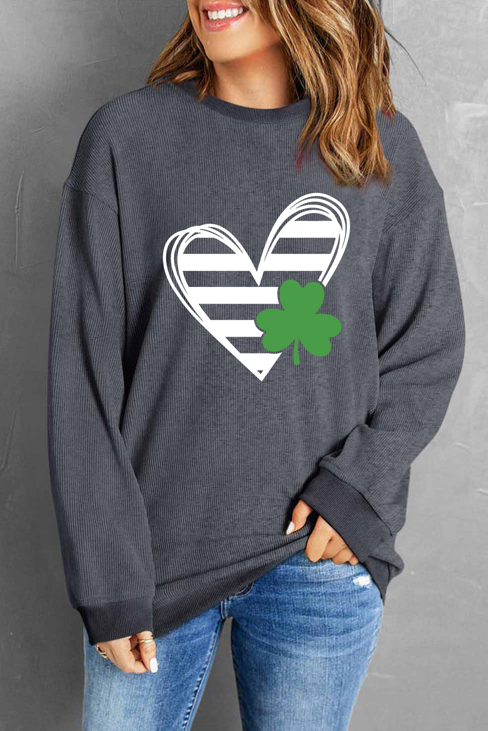 Heart Lucky Clover Round Neck Dropped Shoulder Sweatshirt - Babbazon sweatshirt