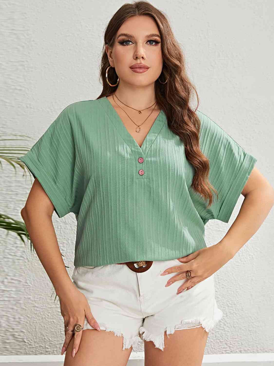 Plus Size Buttoned V-Neck Short Sleeve Top - Babbazon Maternity Top