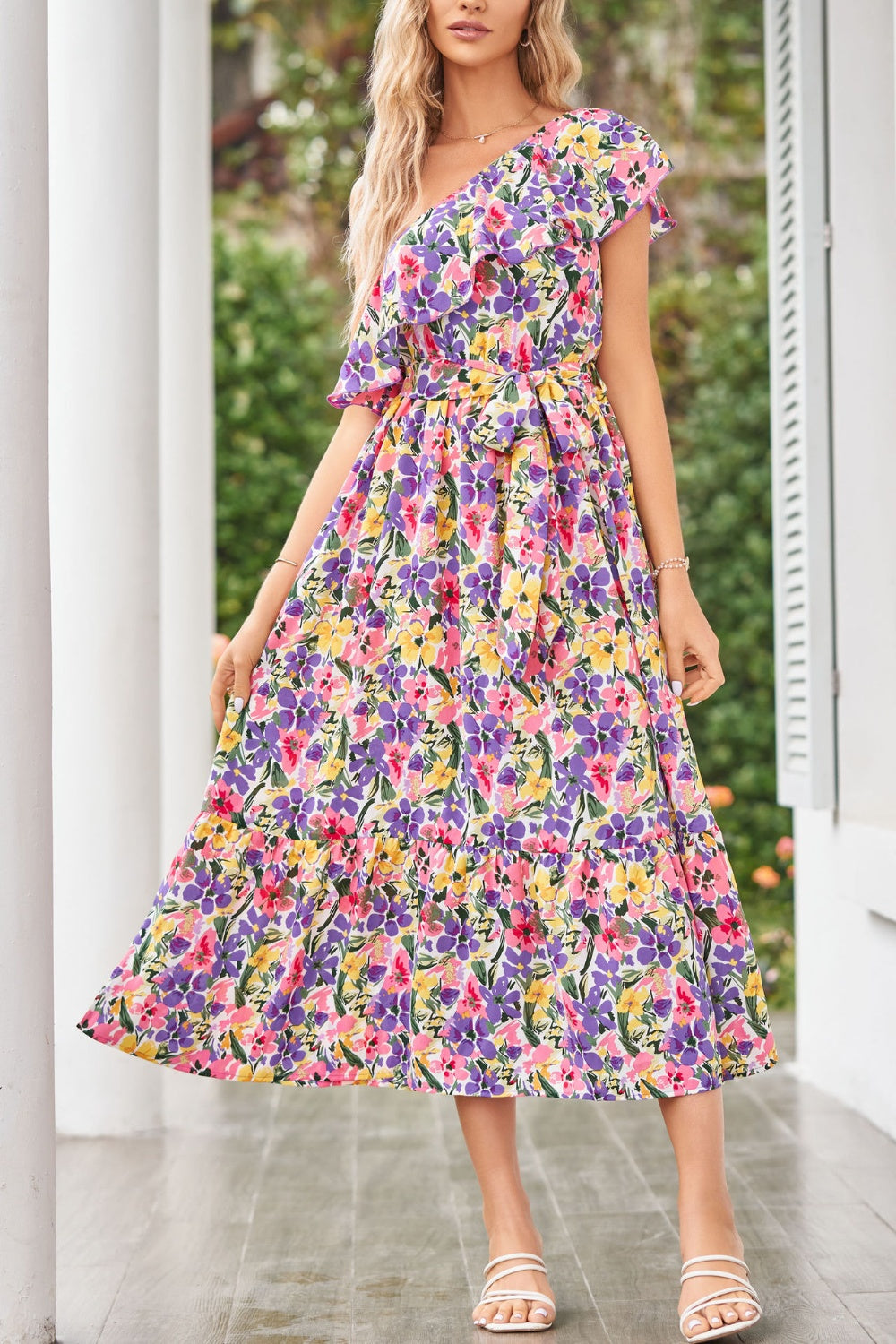 Ruffled Floral One Shoulder Dress - Babbazon cocktail dress