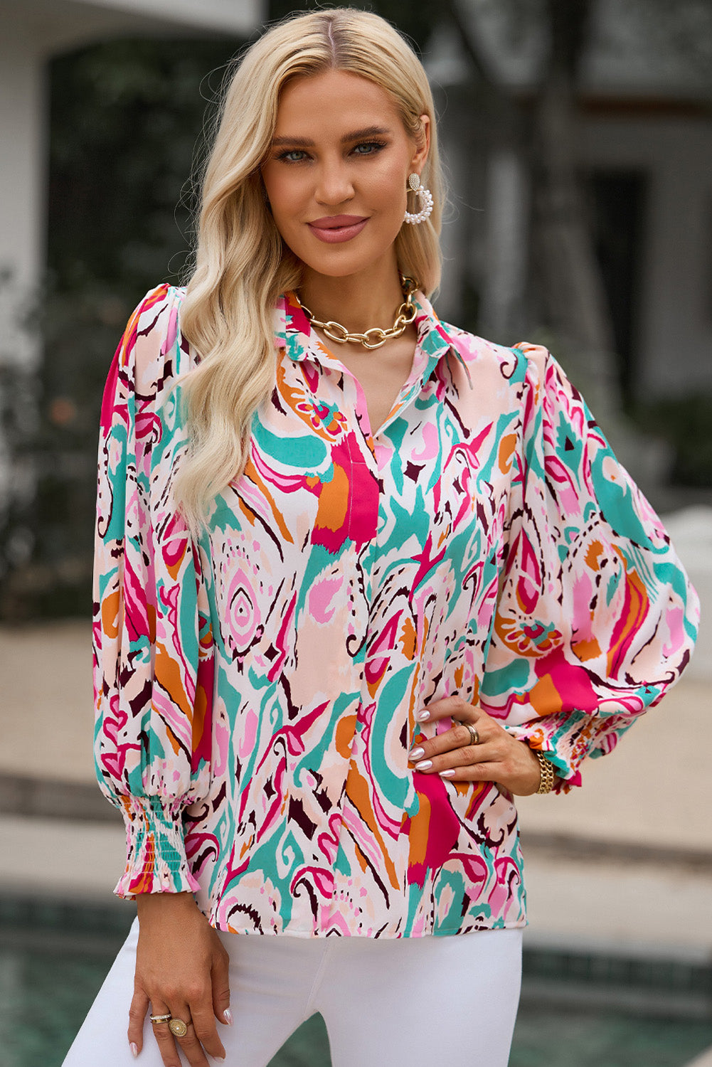 Printed Puff Sleeve Collared Blouse - Babbazon blouse