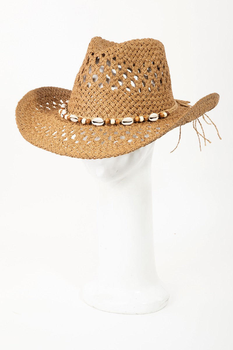Fame Cowrie Shell Beaded String Straw Hat - Babbazon hats