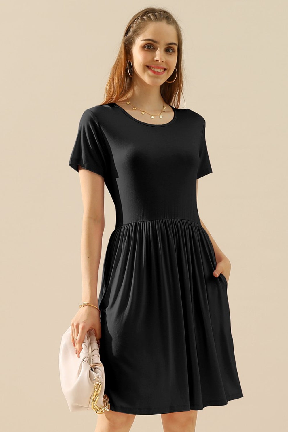 Ninexis Full Size Round Neck Ruched Dress with Pockets - Babbazon Dress