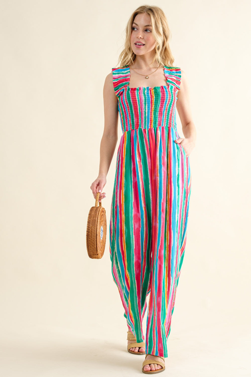 And The Why Full Size Striped Smocked Sleeveless Jumpsuit - Babbazon Cover up