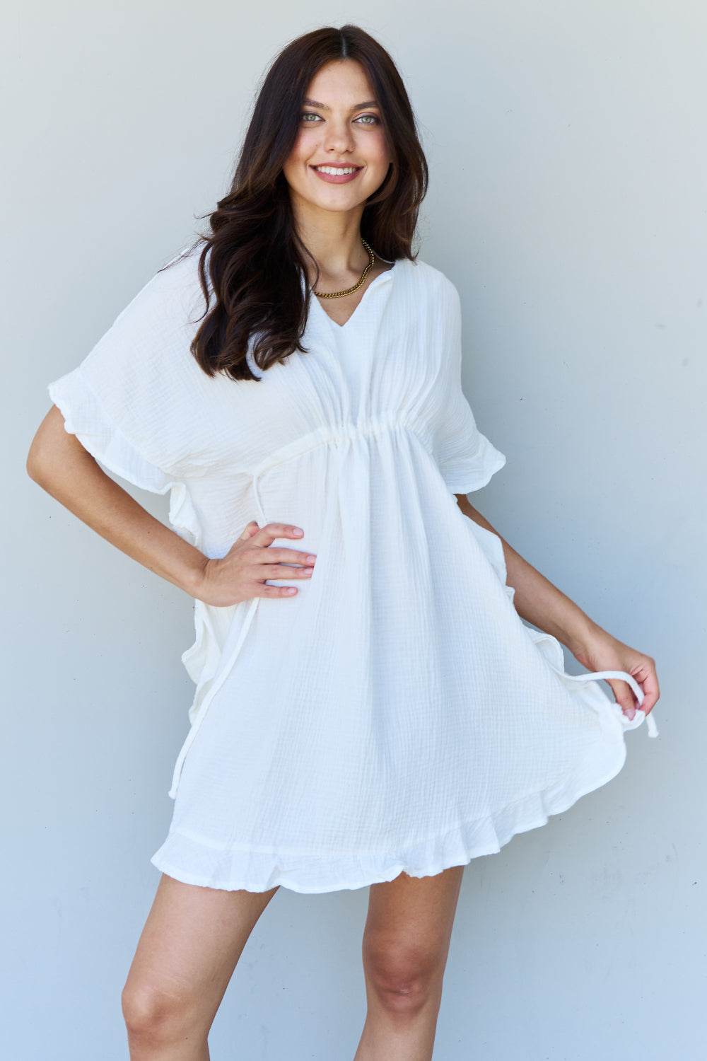 Ninexis Out Of Time Full Size Ruffle Hem Dress with Drawstring Waistband in White - Babbazon Dress