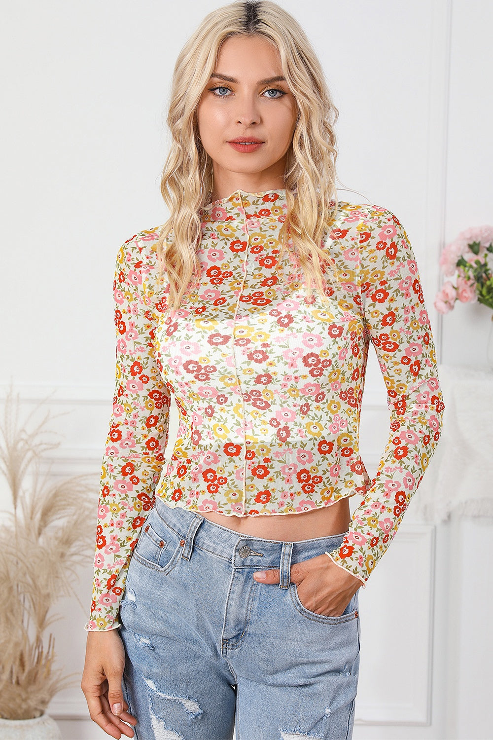 Floral Mock Neck Long Sleeve Blouse - Babbazon blouse