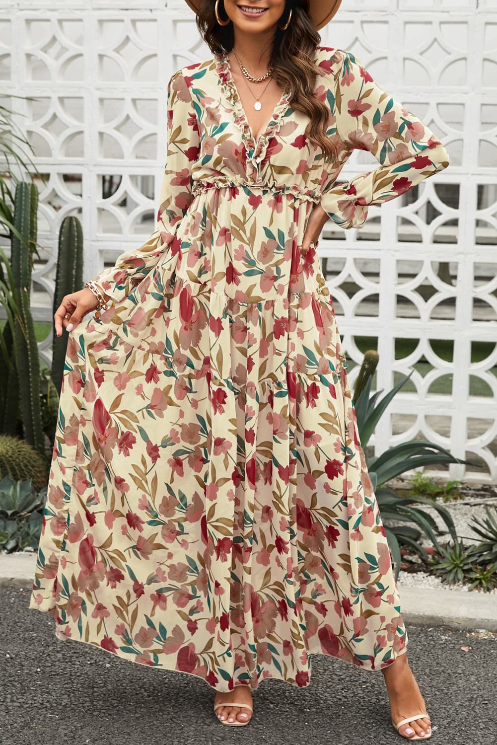 Floral Frill Trim Flounce Sleeve Plunge Maxi Dress - Babbazon Dress