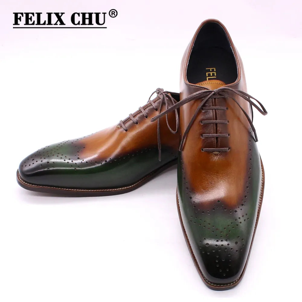 Mens Wingtip Oxfords Green & Camel Calf Leather 