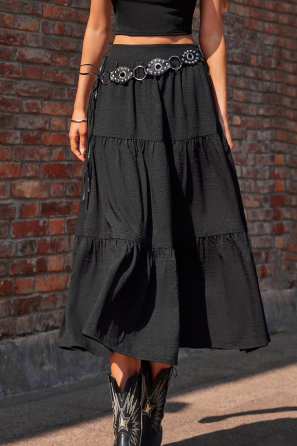 Elastic Waist Tiered Midi Skirt - Babbazon skirt