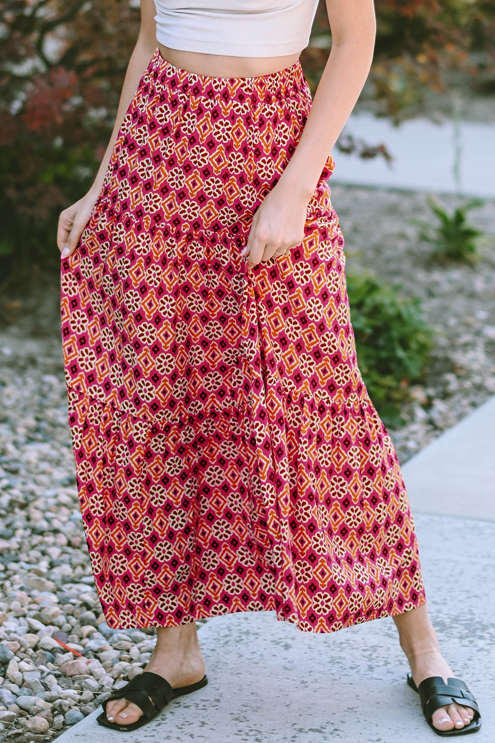 Geometric Elastic Waist Tiered Skirt - Babbazon skirt