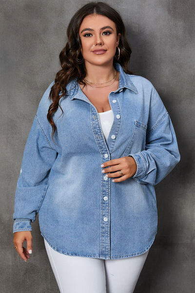Plus Size Button Up Pocketed Denim Top - Babbazon Maternity Top