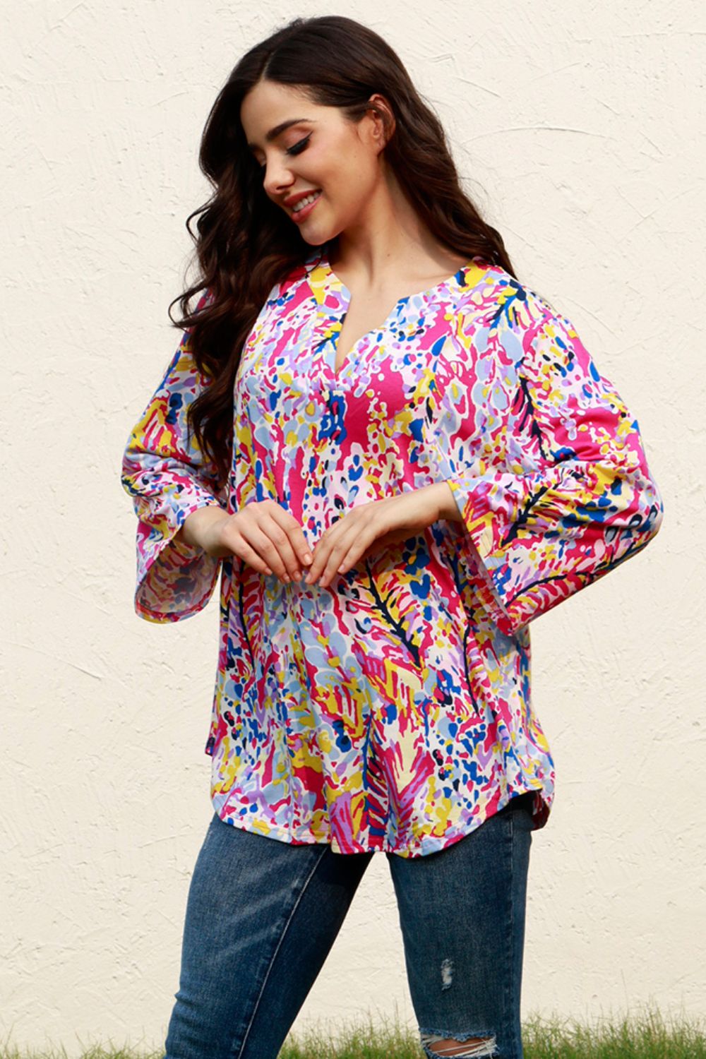 Plus Size Printed Notched Long Sleeve Blouse 