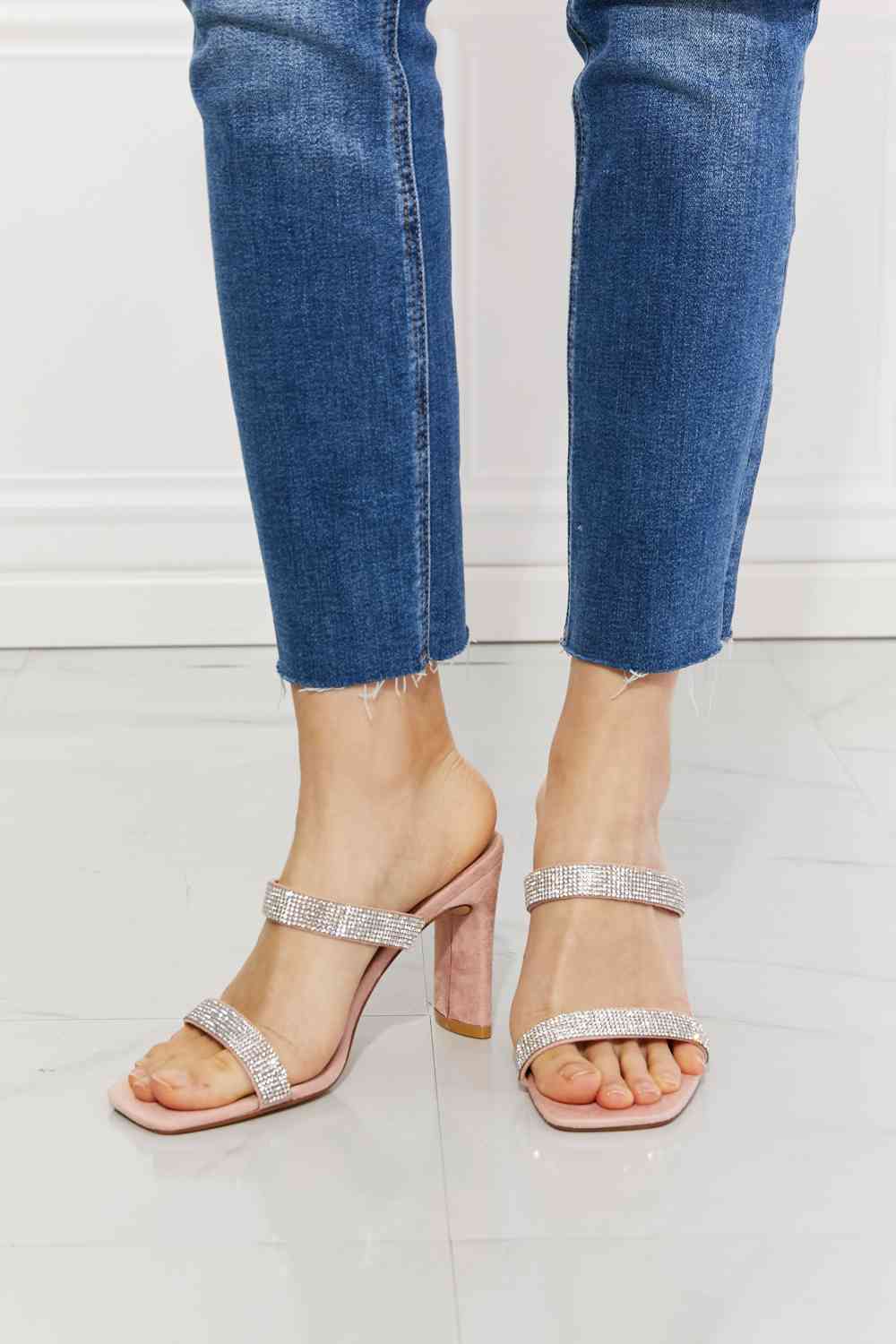 Sparkle Rhinestone Block Heel Sandal - Pink - Babbazon Womens shoes
