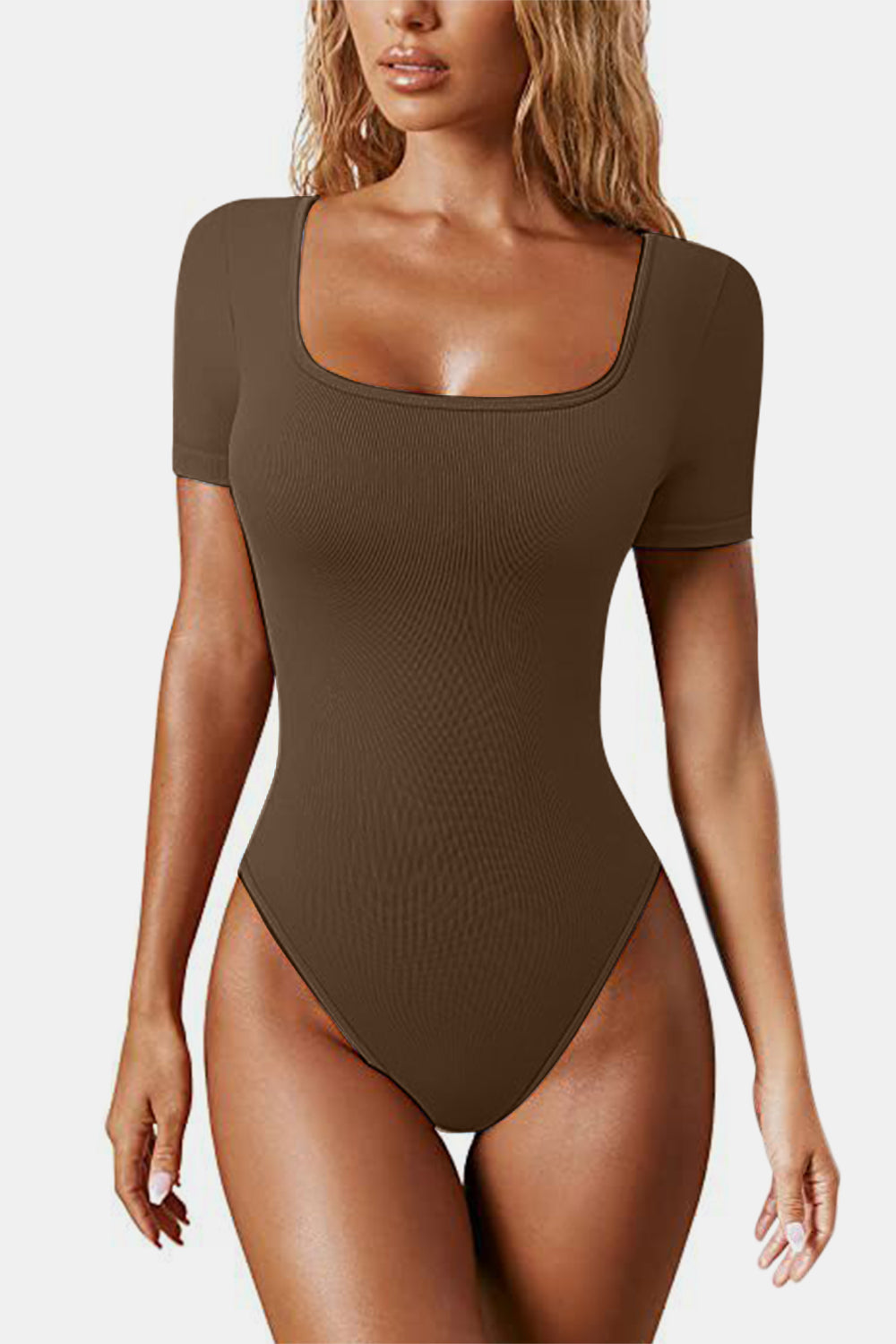 Square Neck Short Sleeve Active Bodysuit - Babbazon Bodysuit