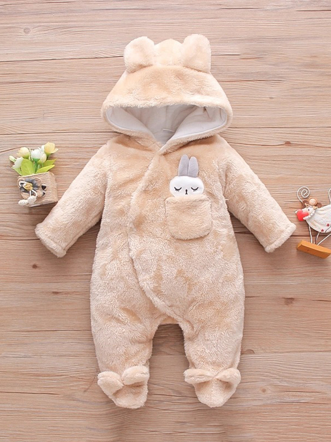 Rabbit Decor Long Sleeve Hooded Snapped Jumpsuit 