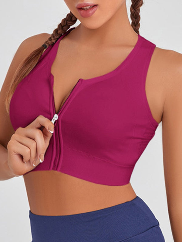 Solid Color Front Zipper Yoga Bra Tank Top for Women 
